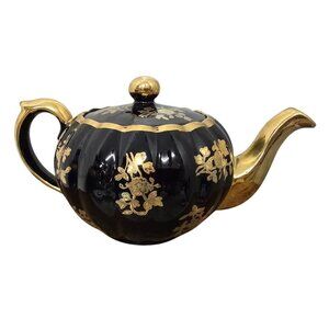 Vintage Gibsons England Black & Gold Floral Ceramic Teapot w/ Lid